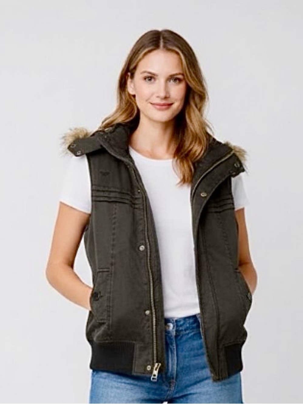 Roxy Sleeveless Hooded Vest With Faux Fur Trim